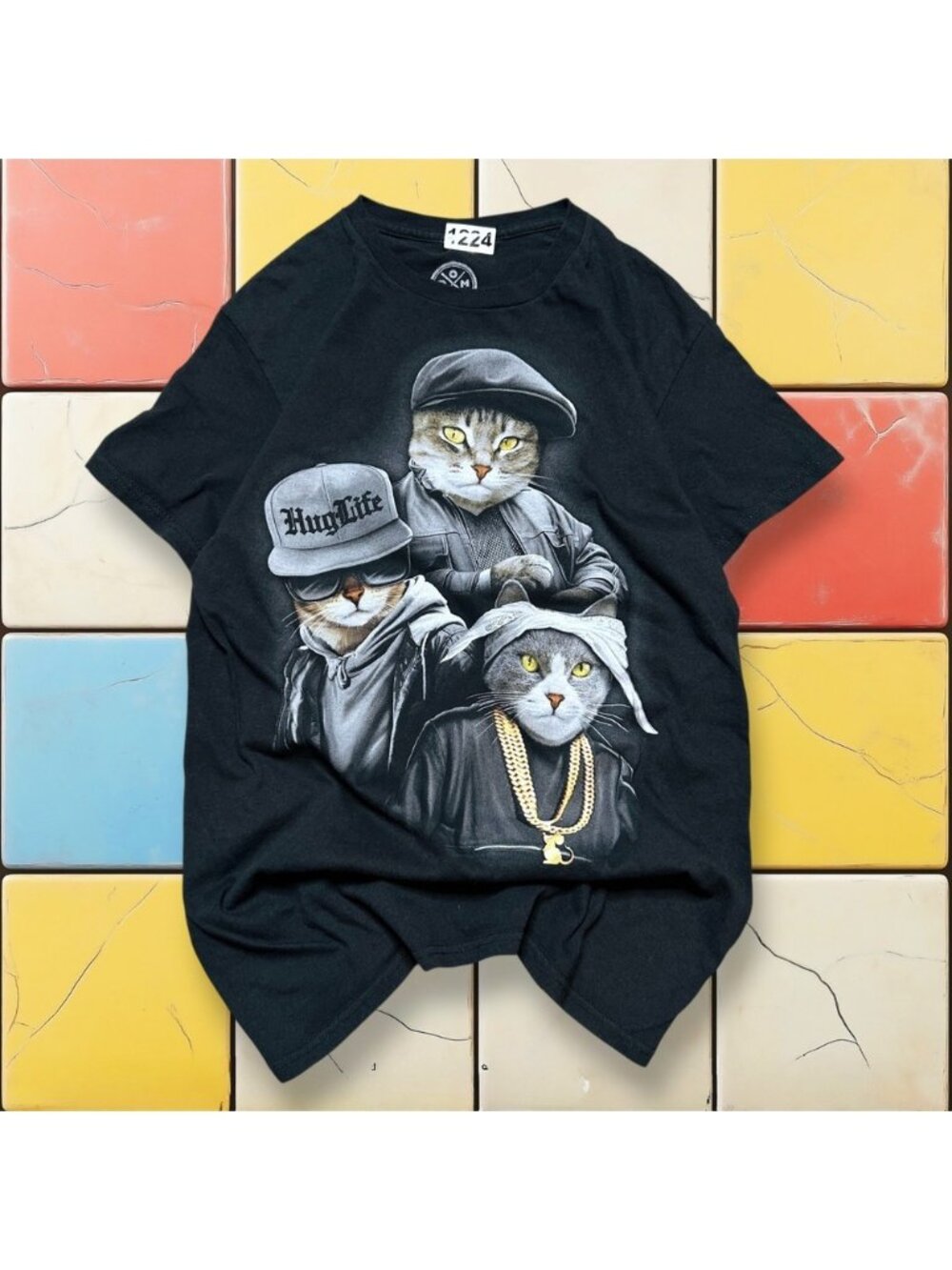 Y2K Gangster Cat Rap Tee Men Small Black Hip Hop 2Pac Graphic Short Sleeve Shirt